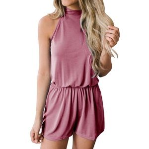 MEROKEETY Summer Halter Neck Shorts Elastic Waist Solid Color Jumpsuit Romper S